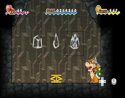 Bowser using Fleep to uncover the second Ultra Shroom Shake in Gap of Crag of Super Paper Mario.