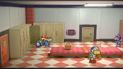 Mario getting a Ice Storm from a locker in Glitz Pit of Paper Mario: The Thousand-Year Door for Nintendo Switch.