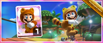 Tanooki Mario from the Spotlight Shop in the Animal Tour in Mario Kart Tour