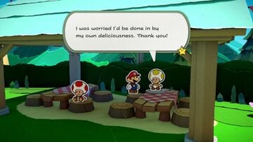 A Toad saved from being folded into an egg in Paper Mario: The Origami King. The seventh hidden Toad in Whispering Woods.