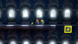 Mario getting the Star Piece on the wall ledge in Hooktail Castle in the remake of the Paper Mario: The Thousand-Year Door for the Nintendo Switch.