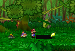 Mario finding a Star Piece under a hidden panel near the big tree in Jade Jungle in Paper Mario
