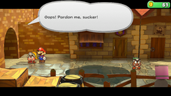 Mario after getting half of his Coins stolen in Paper Mario: The Thousand-Year Door for Nintendo Switch.