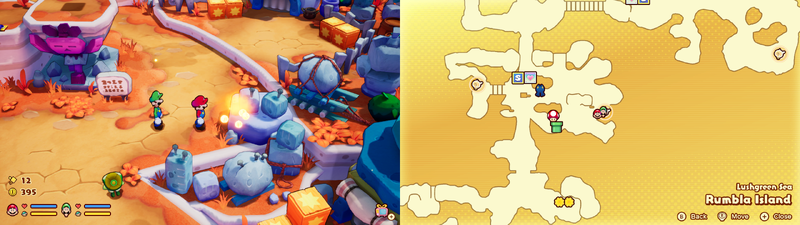 Mario and Luigi near a Sprite Bulb Nest on Rumbla Island of Mario & Luigi: Brothership.
