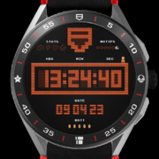 A watchface with brickblocks making up the digits of the digital clock and date, and 8-bit sprites for the watch's status.