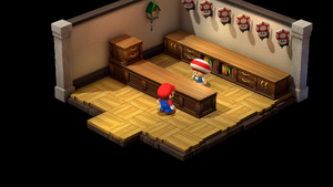 Mushroom Boy giving Mario items in exchange for Mushrooms in Seaside Town of Super Mario RPG.