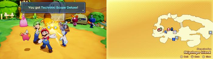 Mario being given the Technikki Scope Deluxe by Technikki on Shipshape Island of Mario & Luigi: Brothership.