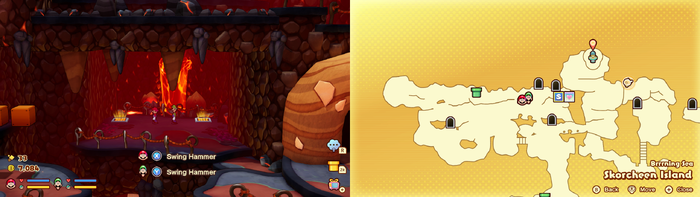 Mario and Luigi near 2 vents containing 40 Five Coins on Skorcheen Island of Mario & Luigi: Brothership.