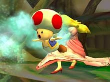 Princess Peach holding out a Toad, who emits spores, in Super Smash Bros. Brawl