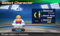 Wario's stats in the golf portion of Mario Sports Superstars