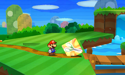 Mario near the Scissors Sticker in Warm Fuzzy Plains of Paper Mario: Sticker Star.