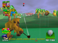 Yellow Donkey Kong golfs in Yoshi's Island in Mario Golf 64