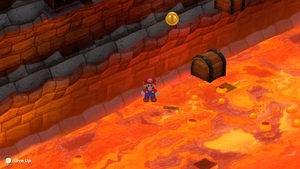 Mario finding third 10-Coin in the invisible path action course of Bowser's Keep of Super Mario RPG.