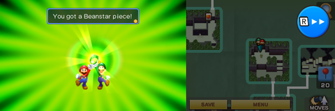 Mario and Luigi picking up the Beanstar Piece from a statue found in Chucklehuck Woods of Mario & Luigi: Superstar Saga + Bowser's Minions.