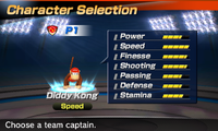 Diddy Kong's stats in the soccer portion of Mario Sports Superstars