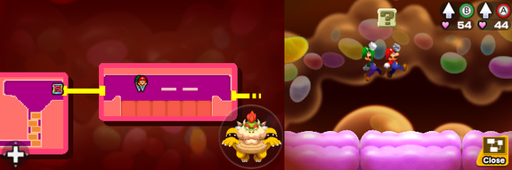 Third block in Flab Zone of Mario & Luigi: Bowser's Inside Story + Bowser Jr.'s Journey.