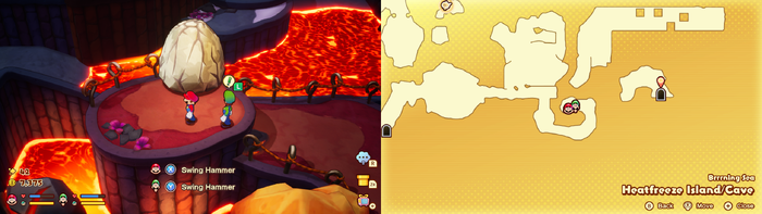 Mario and Luigi near a breakable rock containing a Coin on Heatfreeze Island of Mario & Luigi: Brothership.