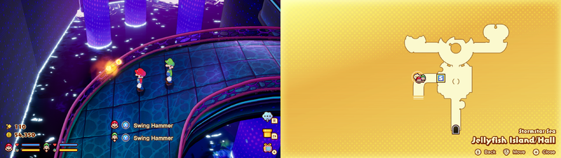 Mario and Luigi near a Sprite Bulb Nest on Jellyfish Island of Mario & Luigi: Brothership.