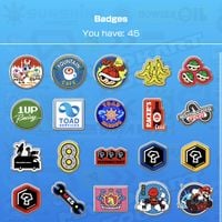 A collection of badges in Mario Kart Tour