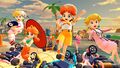 Various costumes for Princess Daisy and Princess Peach racing on the course