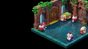 Nimbus man dressed in red and green giving Mario a Castle Key in Nimbus Land of Super Mario RPG.