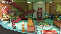 Mario standing near 3 Coins in Overlook Tower of The Origami King.