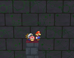 Mario near the Life Shroom in Palace of Shadow of Paper Mario: The Thousand-Year Door.