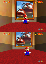 Mario facing the paintings to Tiny-Huge Island