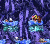 Diddy Kong and Dixie Kong standing on an ice platform near two Klampons and a Neek in Black Ice Battle.