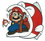 Artwork of Mario escaping from a Boss Bass with a Baby Cheep
