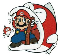 Artwork of Mario escaping from a Boss Bass with a Baby Cheep