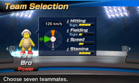 Fire Bro's stats in the baseball portion of Mario Sports Superstars