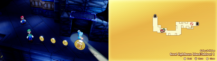 Mario and Luigi near 3 Coins and a 10-Coin on Great Lighthouse Island of Color-Full Sea of Mario & Luigi: Brothership.
