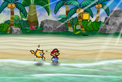 Mario finding 3 Coconuts in the first, second and third palm trees in the second scene of the Lavalava Island Beach of Paper Mario.