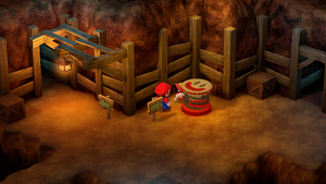 Second Crook leaving behind a Flower Tab after being defeated in the mines of Moleville of Super Mario RPG.