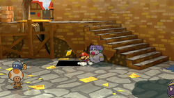 Mario getting the Star Piece under a hidden panel to the left of the stairs in Rogueport's harbor in the remake of the Paper Mario: The Thousand-Year Door for the Nintendo Switch.