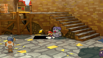 Mario getting the Star Piece under a hidden panel to the left of the stairs in Rogueport's harbor in the remake of the Paper Mario: The Thousand-Year Door for the Nintendo Switch.