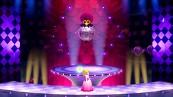 Princess Peach and Stella versus Disco Wing in Princess Peach: Showtime!. The level takes place in Darkle Boss: Disco Wing.