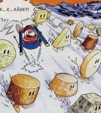 Mario skiing while all the others skiiers have turned to cheese