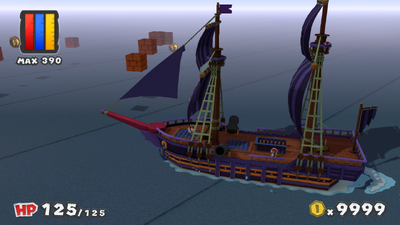 Mario and the ship at the start of the fourth trial in Violet Passage of Paper Mario: Color Splash.