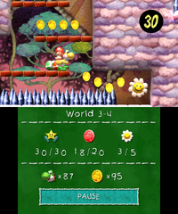 Smiley Flower 4: In a ledge blocked by spikes. Yellow Yoshi needs to approach the area where coins and the Smiley Flower appears, and Yellow Yoshi needs to toss an egg indicated by the direction of the coins to retrieve the Smiley Flower.