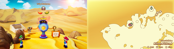 Mario and Luigi being given 1-Up Mushroom by the Concordia Hammer-Rally machine on Allsand Island of Mario & Luigi: Brothership.