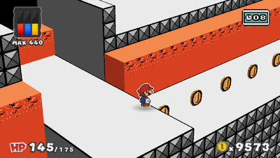 Mario near 5 Coins in Green Energy Plant of Paper Mario: Color Splash.