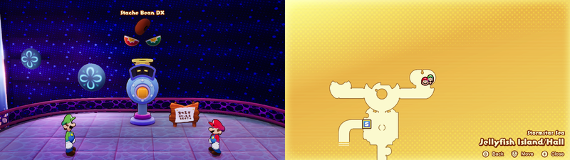 Mario and Luigi getting a Stache Bean DX from the Concordia Hammer-Rally machine on Jellyfish Island from Mario & Luigi: Brothership.