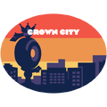 An oval sticker of the skyline with an orange sky