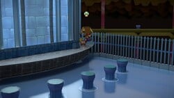 Screenshot of Mario at a hidden ? Block location in Palace of Shadow Courtyard, in Paper Mario: The Thousand-Year Door.