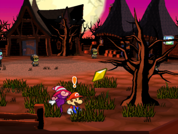 Mario getting the Star Piece in a clump of grass in Twilight Town in Paper Mario: The Thousand-Year Door.