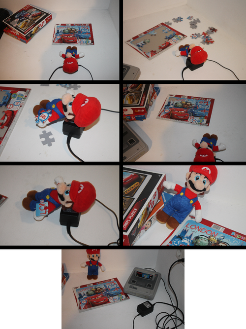 Seven photographs are shown in comic format, arranged left to right, top to bottom. The first shows Mario with a (Pixar's) Cars-themed puzzle and other puzzles in the background. In the second, Mario is now assembling the puzzle. The third zooms in on Mario with a puzzle piece in his hand. The fourth shows the puzzle is almost assembled. The fifth shows Mario with the last puzzle piece on his hand, while the sixth panel shows Mario pushing in the last puzzle piece. In the seventh and final panel, Mario is next to the completed puzzle.