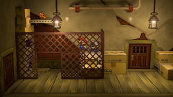Mario near the Elevator Key in Riverside Station of Paper Mario: The Thousand-Year Door for Nintendo Switch.