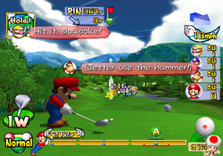 A screenshot showing Taunts in Mario Golf: Toadstool Tour. Wario is saying, "Hit it, slowpoke!" Donkey Kong is saying, "Better use the hammer!"